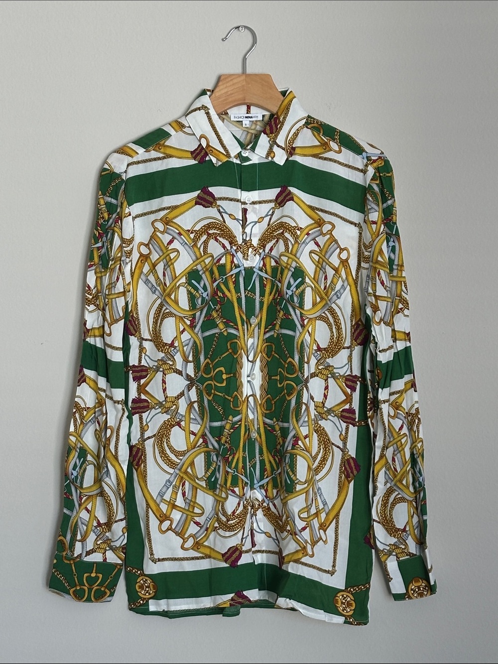 Fashion Nova Green, White & Gold Chain-Print Button-Down Shirt
